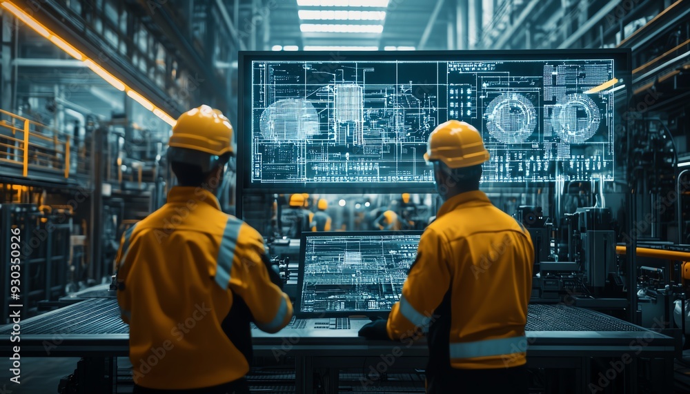 Poster futuristic heavy industry factory engineers and professional workers, digitalized environment with d