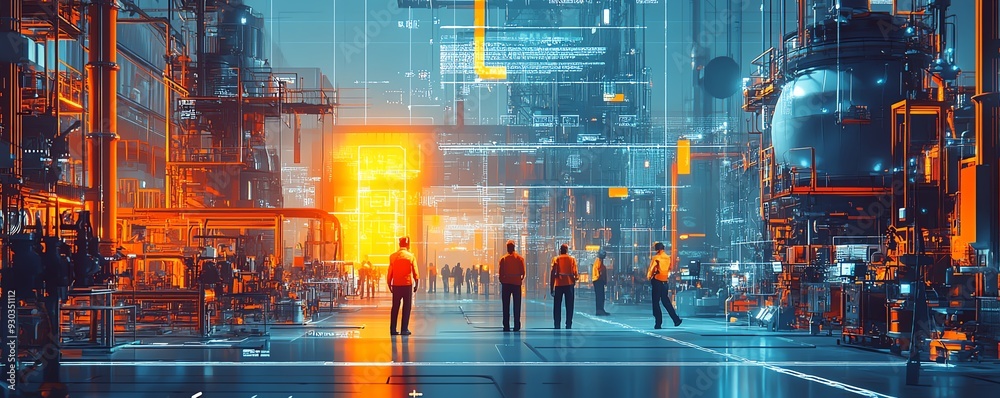Poster Heavy industry factory with digital twin graphics Team of engineers and workers in a digitalized, futuristic environment, Midjourney