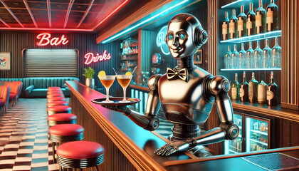 Retro-Futuristic Robot Bartender Serving Drinks in a Neon-Lit Bar