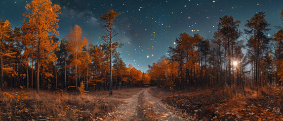 A serene autumn forest path under starry sky, evoking sense of wonder and tranquility. vibrant orange leaves contrast beautifully with dark blue night.