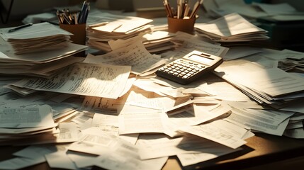 A chaotic scene of a financial planner desk covered in overdue notices, bills, and a calculator, bright overhead lighting casting sharp shadows, realistic textures of cluttered papers and a frazzled