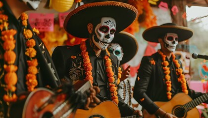 Musicians with painted faces and traditional clothing performing during a Day of the Dead celebration, surrounded by vibrant decorations.