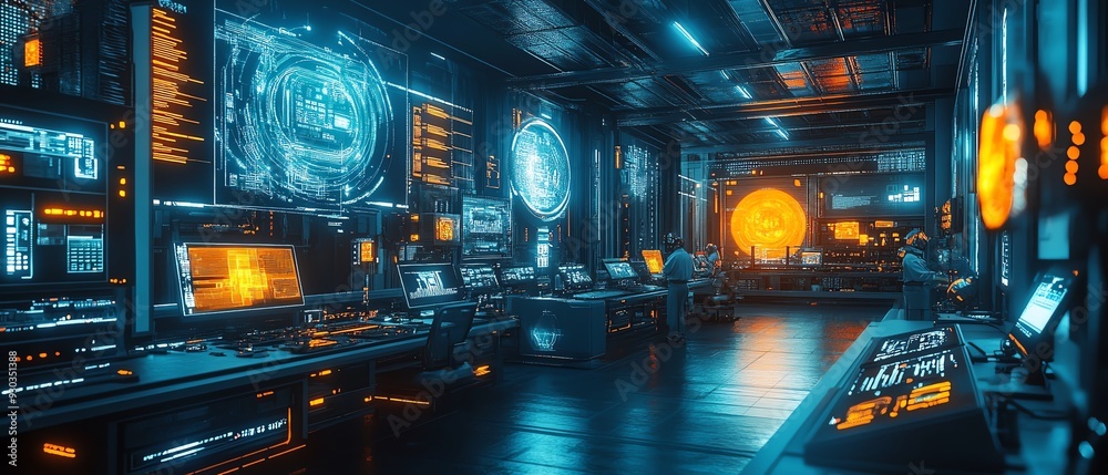 Poster advanced technology in manufacturing engineers and workers in a futuristic digital twin of a heavy i