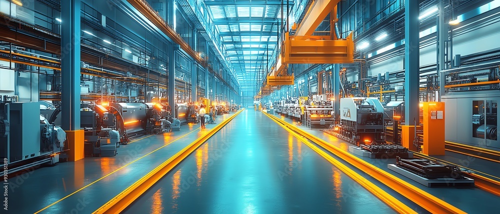 Poster advanced technology in manufacturing engineers and workers in a futuristic digital twin of a heavy i