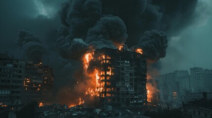 Obraz premium Fire engulfs apartment building during intense night of destruction in urban setting