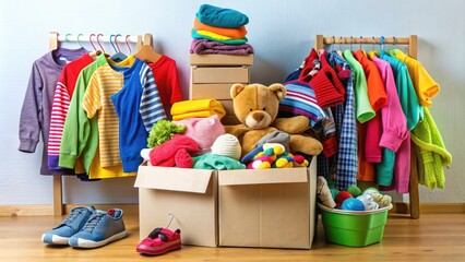 A colorful array of gently used clothing, household goods, and toys are organized and stacked, ready to be donated to a local charity.