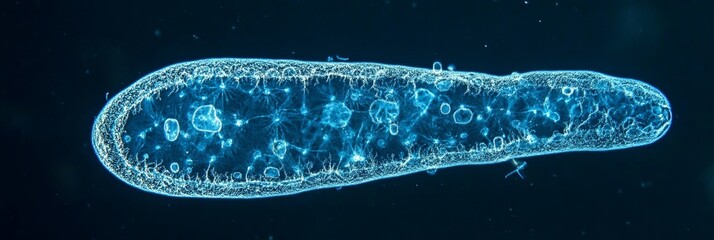 Obraz premium The mouth region of Paramecium caudatum is highlighted by the contrast of differential interference contrast DIC, as well as crystals and food vacuoles in the mouth region