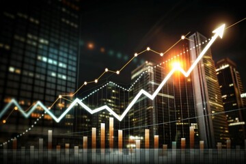 Cityscape Growth: A vibrant cityscape backdrop with a dynamic stock market graph soaring upwards, representing financial success and upward trajectory.  