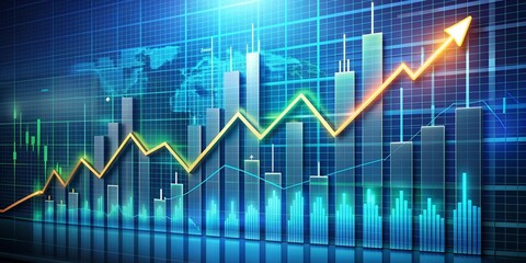 Fototapeta premium Cityscape Growth: A vibrant cityscape backdrop with a dynamic stock market graph soaring upwards, representing financial success and upward trajectory. 