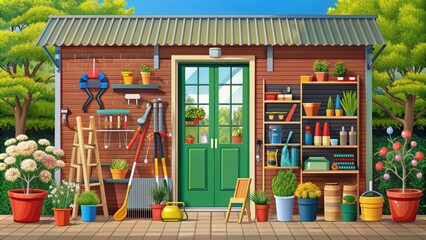 A colorful illustration of a hardware store exterior with tools, gardening equipment, and building supplies arranged in a tidy and organized manner.