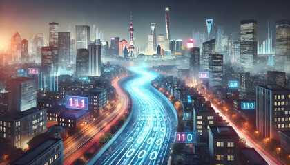 Digital Data Stream Flowing Through a Futuristic Smart Cityscape at Night