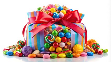 A colorful, overflowing goodie bag filled with assorted candies, toys, and treats, tied with a bright ribbon, against a white background.