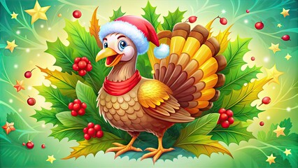Fototapeta premium A colorful, whimsical illustration of a happy turkey with bright feathers, wearing a Santa hat, surrounded by festive holly leaves and berries.