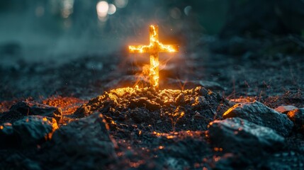 Glowing cross symbol illuminated by flames in a dark forest setting at dusk