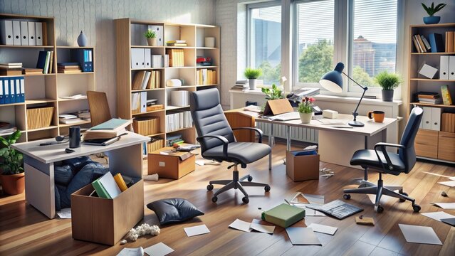 A comedic scene of a scattered mess, with books, papers, and office supplies littered around a lone chair, hinting at a humorous accidental tumble.
