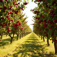 Fototapeta premium Cherries Growing in Sunlit Orchard Rows