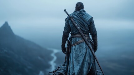 A warrior equipped with a sword stands majestically on a foggy cliff, depicting a moment of determination, power, and readiness against a backdrop of suspenseful mist.