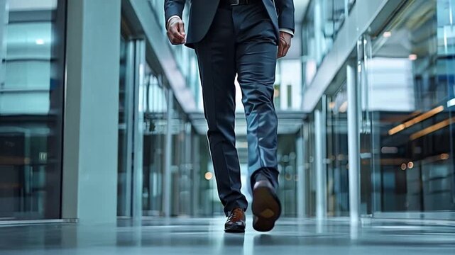 Focused Determination: A businessman in a sharp suit walks confidently through a modern office building, his stride and purposeful gaze reflecting ambition and drive.  