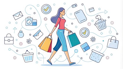 A continuous line illustration of a woman shopping, surrounded by floating icons of consumer goods, bags, and credit cards in a playful, abstract background.