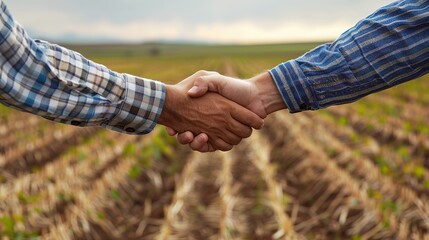 Two hands shaking in a field, symbolizing partnership and collaboration in agriculture.
