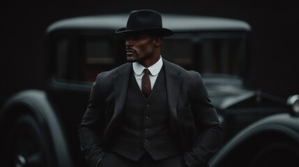 A person in a vintage three-piece suit and a hat leans against a classic dark-colored car at night, evoking a sense of retro elegance and mystery.