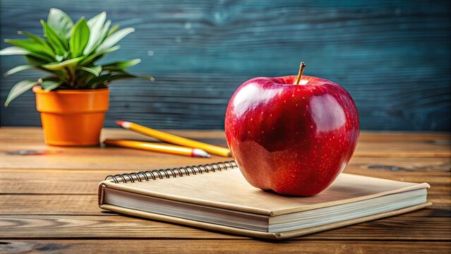 A crisp, juicy red fruit sits on a wooden desk surrounded by textbooks, pens, and a notepad, symbolizing appreciation for educators' hard work.