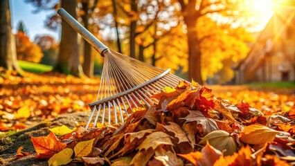 Obraz premium A crunchy carpet of fallen autumn leaves blankets the ground, awaiting the gentle sweep of a rusty metal rake on a sunny afternoon.