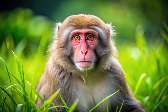 A curious Japanese macaque primate vertebrate mammal with bright eyes and fur, sits peacefully amidst lush green grass, enjoying its natural habitat surroundings.