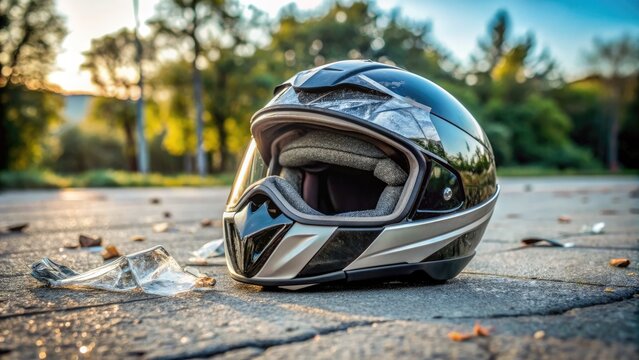 A damaged and cracked motorcycle helmet lies on the ground, its shattered visor and dented shell a testament to a severe accident or crash.