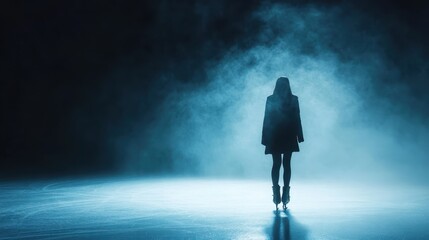 A silhouetted person in dark clothing stands alone in a hazy, illuminated mist, creating a mysterious and dramatic atmosphere under an eerie blue light, evoking intrigue and curiosity.