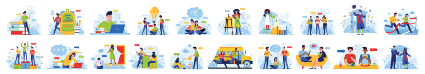 Bundle of back to school concepts with people scene in flat cartoon design. A large selection of colorful images with boys and girls in different school situation. Vector illustration.