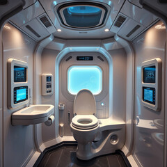 Fototapeta premium High-tech futuristic restroom with sleek design and digital interfaces