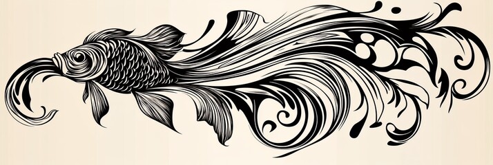 Fototapeta premium Decorative Art Nouveau image of a playful black and white fish with the text Fishy Wishy