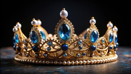 Fototapeta premium A delicate, intricately designed gold crown adorned with sparkling blue gemstones and pearls, resting on a luxurious black velvet background, exuding opulence and royalty.