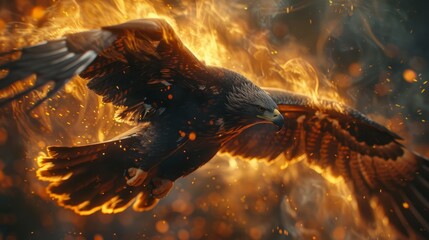 Majestic eagle soaring through flames in a fiery backdrop during a dramatic sunset