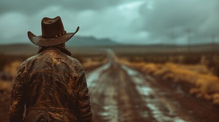 A lone cowboy walking down a muddy road in a desolate landscape under cloudy skies