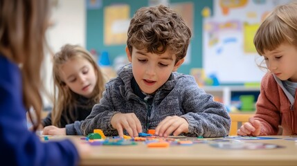 Young Students Engaged in Educational Games in Vibrant Classroom Setting