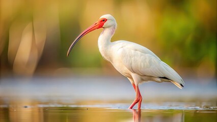 Obraz premium A delicate white ibis bird with curved beak and slender legs stands alone on a soft, creamy background, exuding elegance and serenity.