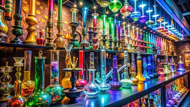 A dimly lit, eclectic smoke shop filled with colorful glass pipes, vaporizers, and smoking accessories, surrounded by nostalgic posters and neon signs.