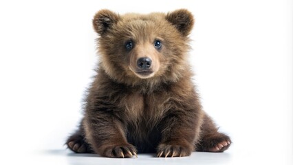 Obraz premium Adorable brown bear cub sitting alone on a white studio background with a curious expression, showcasing its fluffy fur and big round eyes.