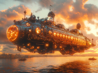 Fototapeta premium A large, steampunk-style airship flies over a river at sunset, emitting steam and surrounded by small boats.