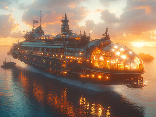 Obraz premium A large, steampunk-style airship flies over a river at sunset, emitting steam and surrounded by small boats.