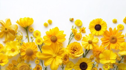 Naklejka premium A vibrant collection of yellow flowers against a white background evokes joy and freshness.