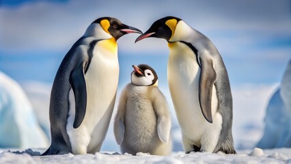 Obraz premium Adorable Emperor penguin parents and their chick huddle together, feathers fluffed, in a heartwarming display of love and family bonding in Antarctica's icy landscape.