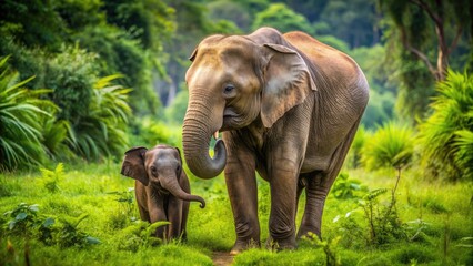 Fototapeta premium Adorable elephant mother gently guides her playful calf through a lush, green jungle, showcasing a heartwarming display of maternal love and tender interaction.