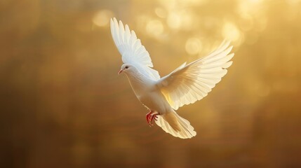 Fototapeta premium White dove gliding through soft golden light above a blurred natural background at sunset