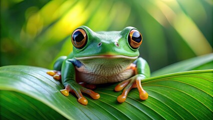 Fototapeta premium Adorable green frog sitting on a large leaf, its big round eyes and tiny nose making it irresistibly cute in the lush green nature setting.