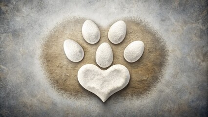 Obraz premium Adorable illustration of a white paw print symbol with a heart shape in the center, surrounded by subtle textures and gentle shading, conveying affection.