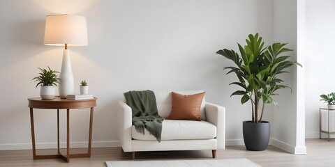 A modern living room with a white wall, a potted plant, a lamp, and a side table. 
