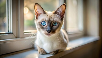 Adorable Javanese cat with pointed ears and bright blue eyes sits on a windowsill, gazing outside with a curious expression amidst soft, natural light.